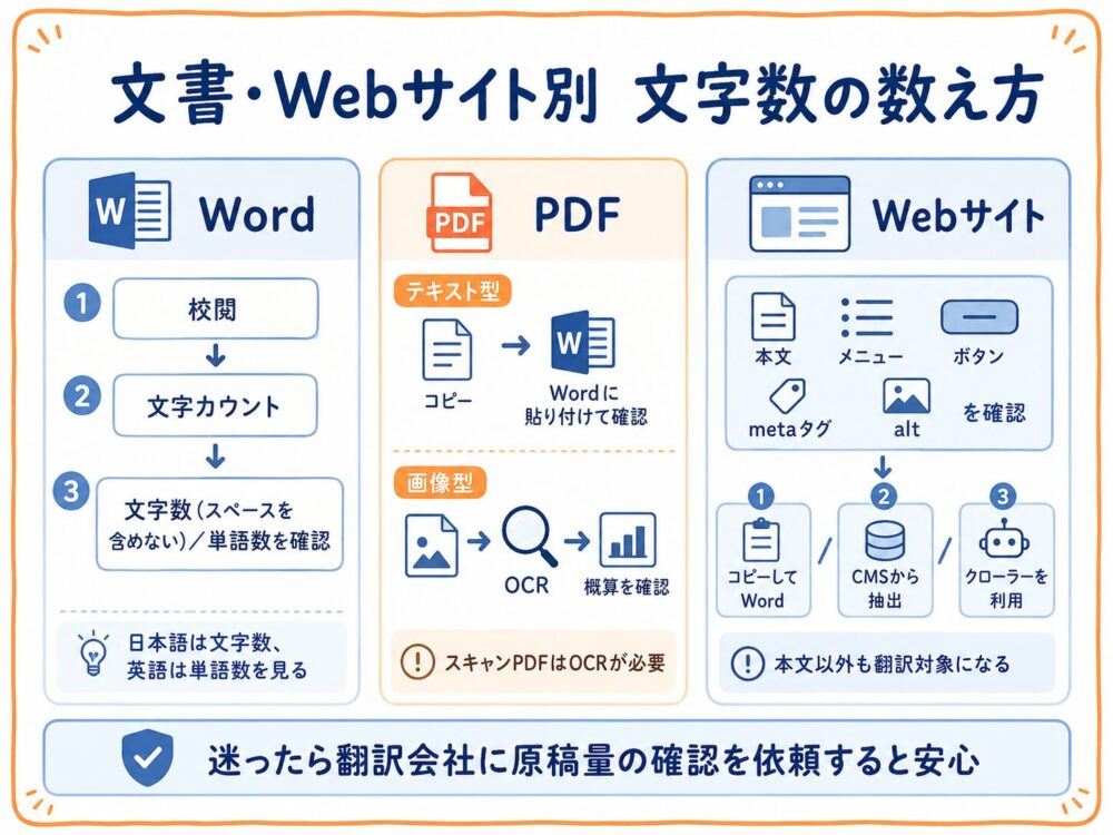 Word PDF ホームページ別の文字数カウント手順を示したフロー図