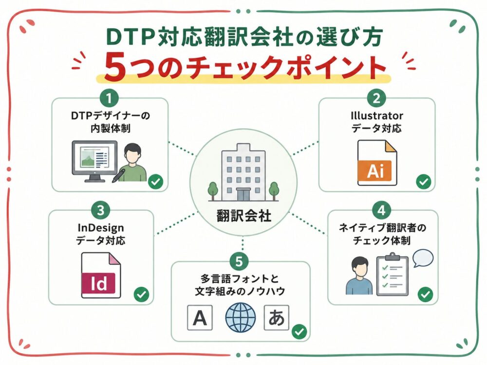 DTP対応翻訳会社を選ぶ際のチェックポイントをまとめた図解