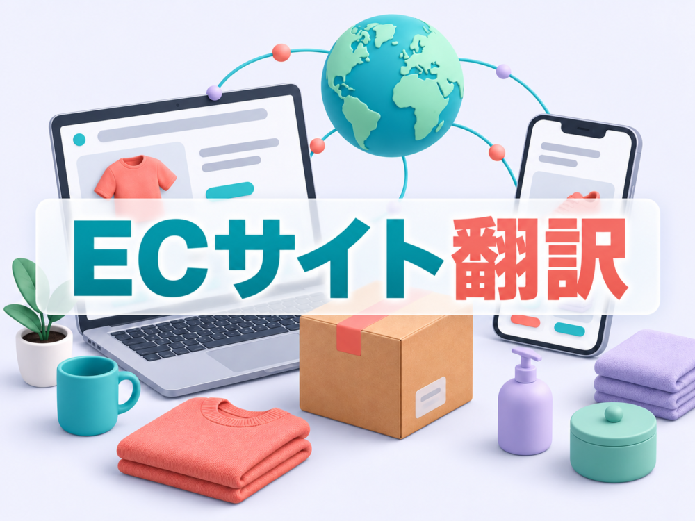 ECサイト翻訳:ECサイトの多言語化を表す、商品画面と荷物、地球儀のカラフルな立体イラスト