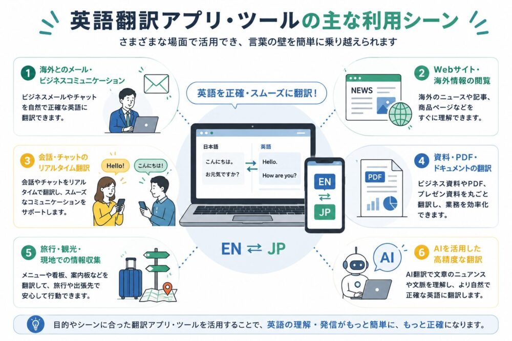 英語翻訳アプリやツールの主な利用シーンをまとめた図解