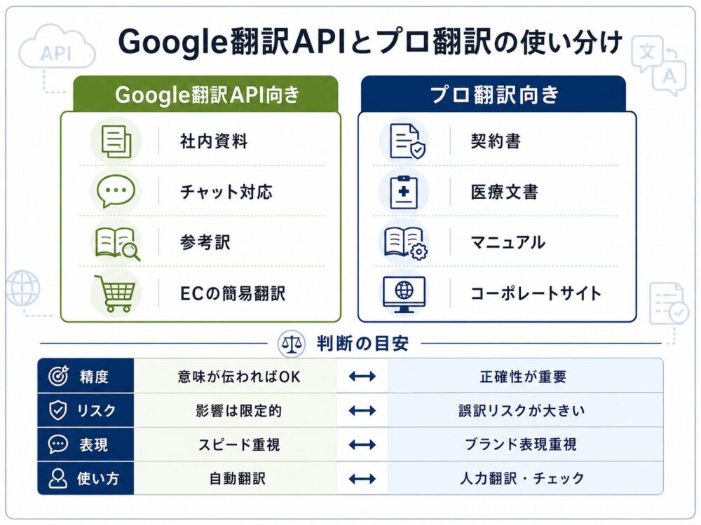 Google翻訳APIとプロ翻訳の使い分けを比較した図解