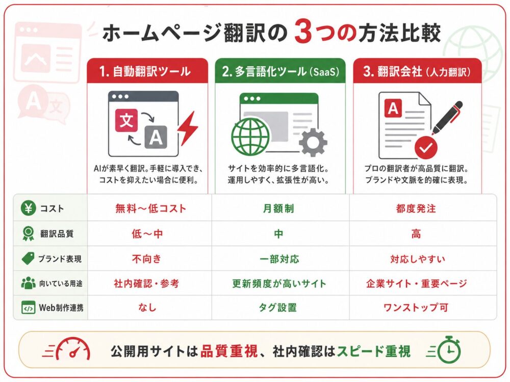 ホームページ翻訳の3つの方法を比較した図解