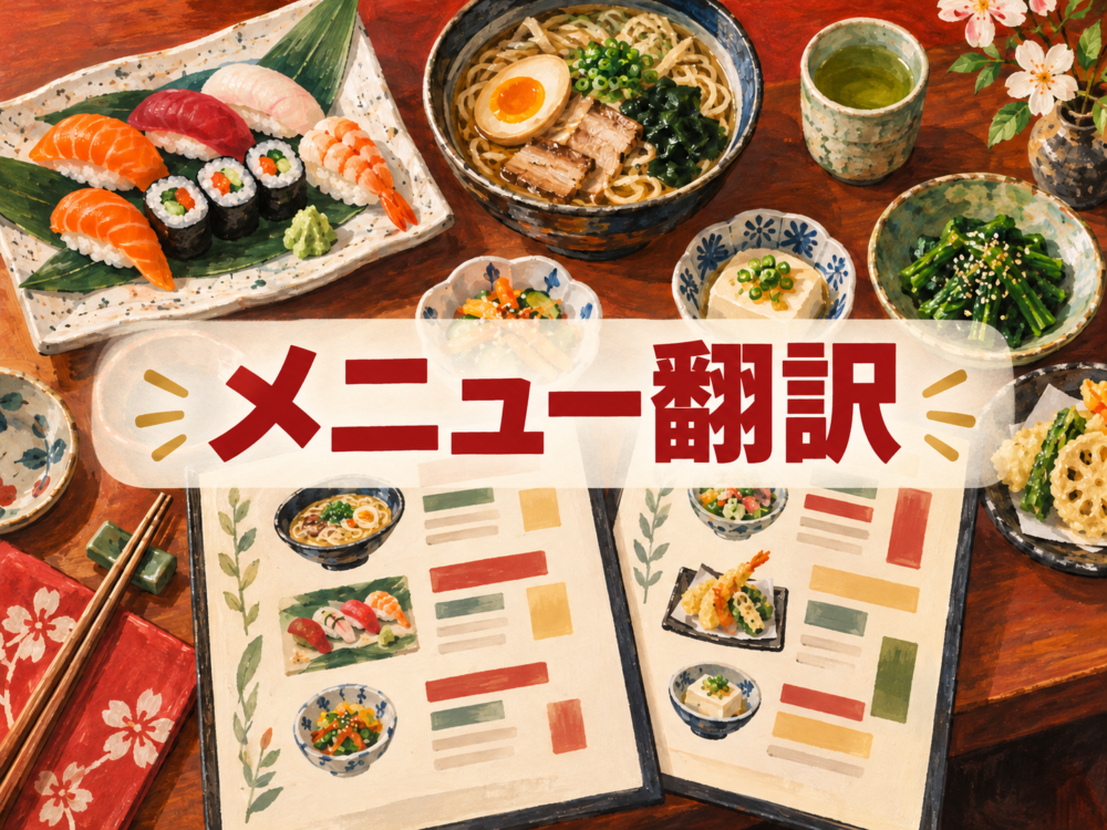 メニュー翻訳：多言語メニュー制作を表す、開いたメニューと料理を描いた温かい手描き風イラスト