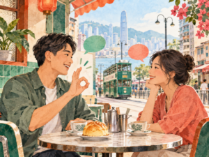 香港のカフェで会話する二人を描いた、モーマンタイの意味と広東語の使い方のイメージ