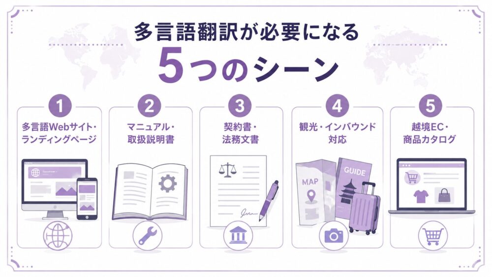 多言語翻訳が必要になる5つの利用シーンをまとめた図解