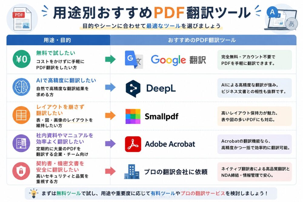 用途別におすすめのPDF翻訳ツールをまとめた一覧