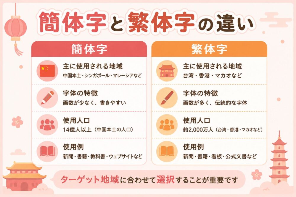 簡体字と繁体字の違いを比較した図解