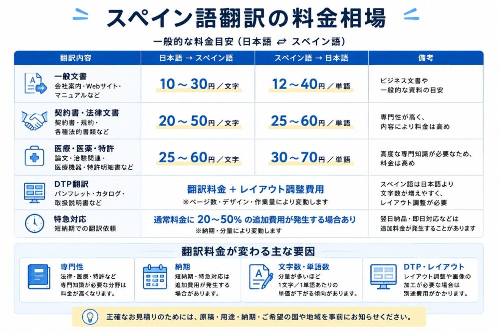 スペイン語翻訳の料金相場と費用が変わる要因を解説した図解