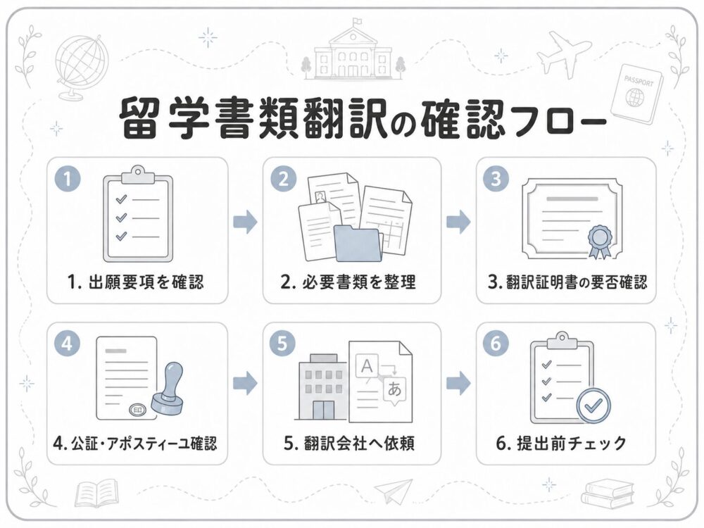 留学書類翻訳で確認すべき翻訳証明書やアポスティーユの流れを示したフロー図