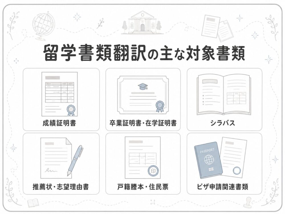 留学書類翻訳の対象となる成績証明書やシラバスなどをまとめた図解