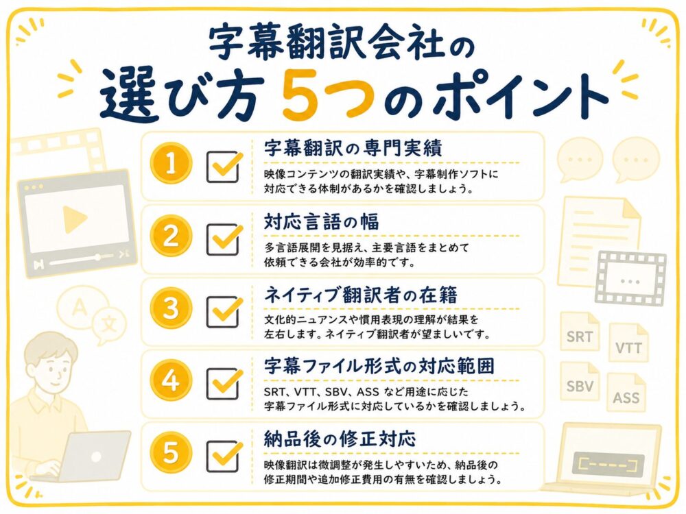 字幕翻訳会社選びで確認すべき5つのポイントをまとめたチェックリスト