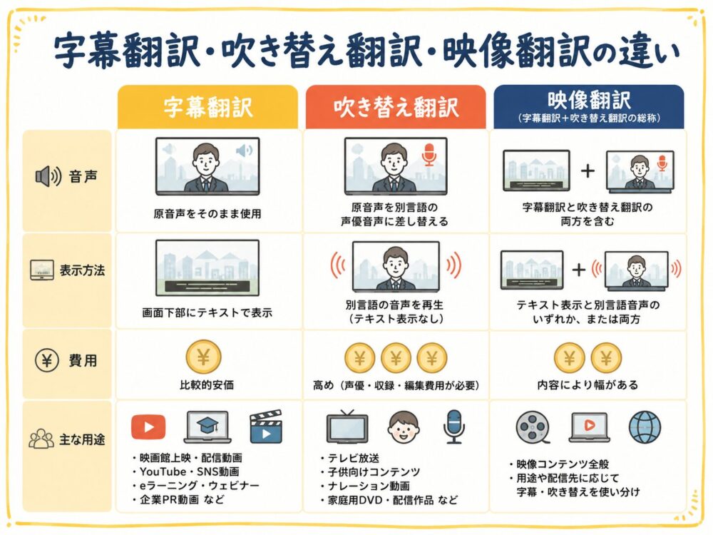 字幕翻訳と吹き替え翻訳・映像翻訳の違いを比較した図解