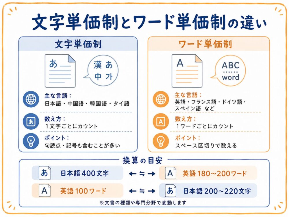翻訳料金における文字数カウントとワード数カウントの違いを比較した図解