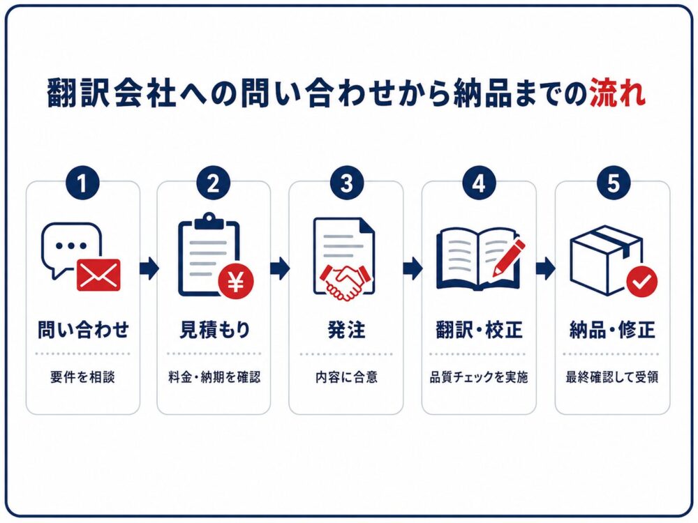 翻訳会社への問い合わせから納品までの流れを示したフロー図