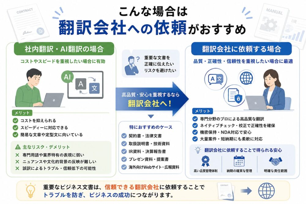 社内翻訳やAI翻訳と翻訳会社への依頼を比較した図解