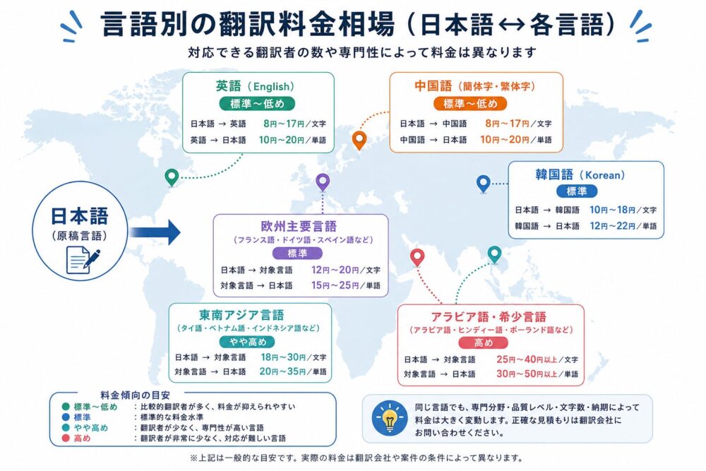 言語別の翻訳料金相場を比較した一覧図