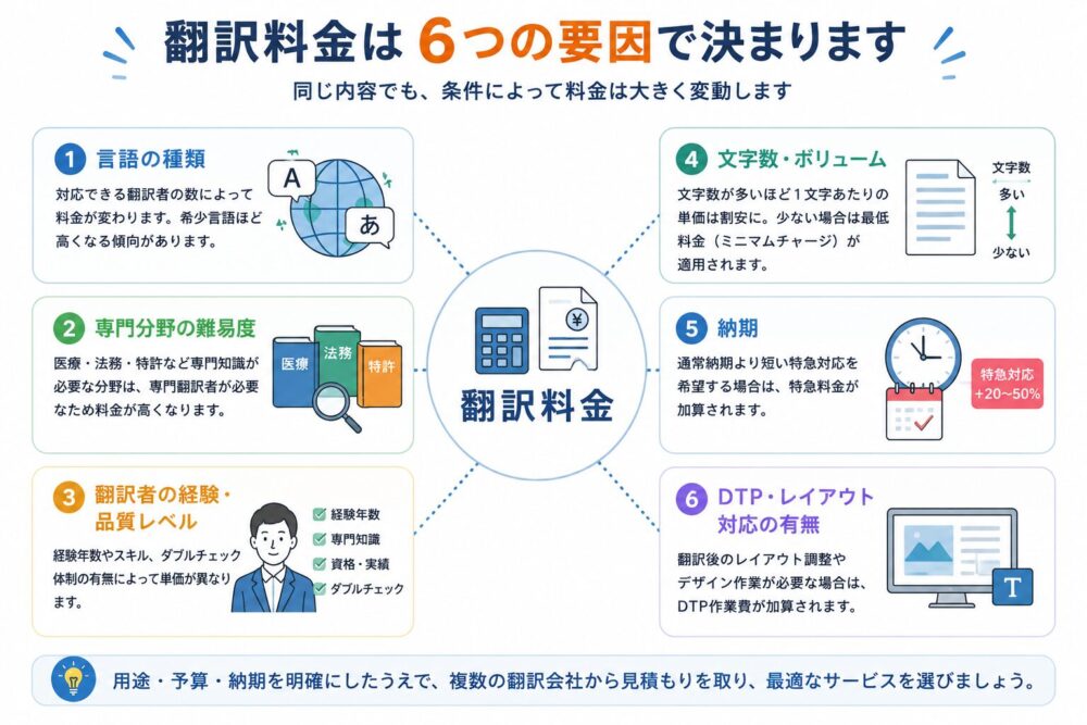 翻訳会社の料金が決まる6つの要因を図解したイメージ