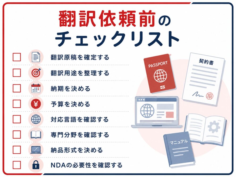 翻訳依頼前に確認すべき準備項目をまとめたチェックリスト図解