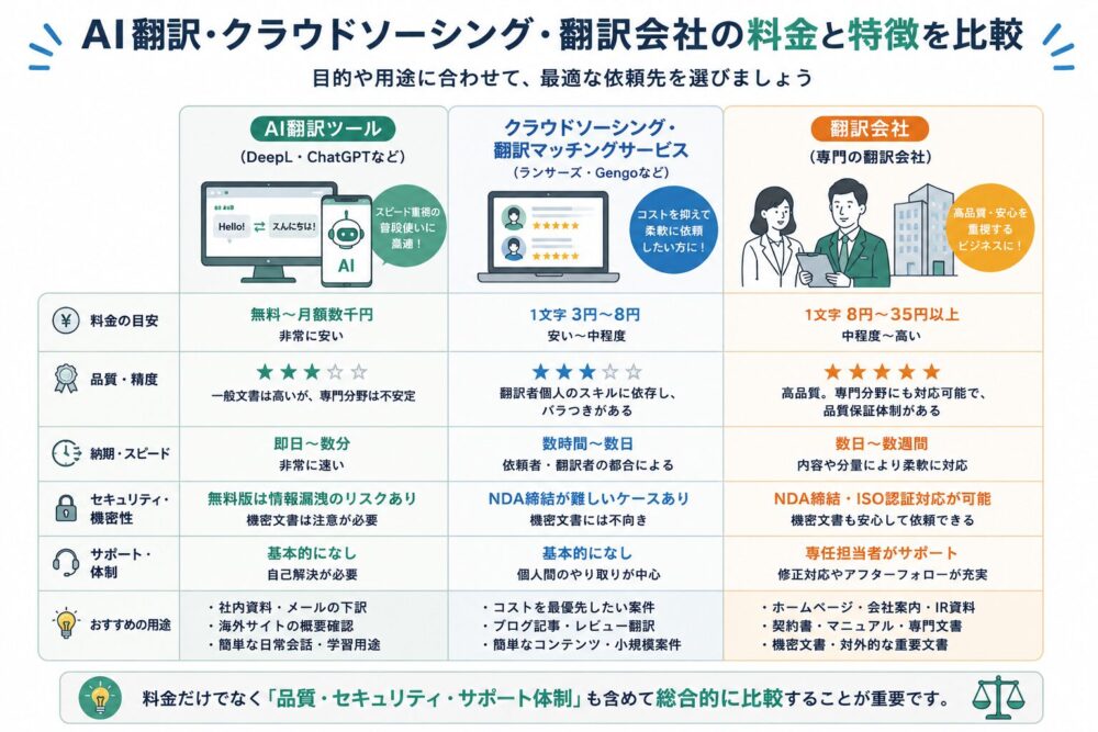 AI翻訳と翻訳会社の料金や品質を比較した図解