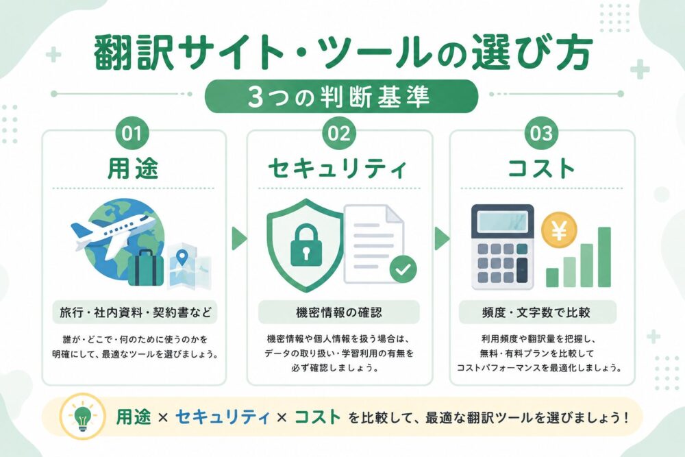 翻訳サイトと翻訳ツールの選び方を3つの判断基準で解説した図